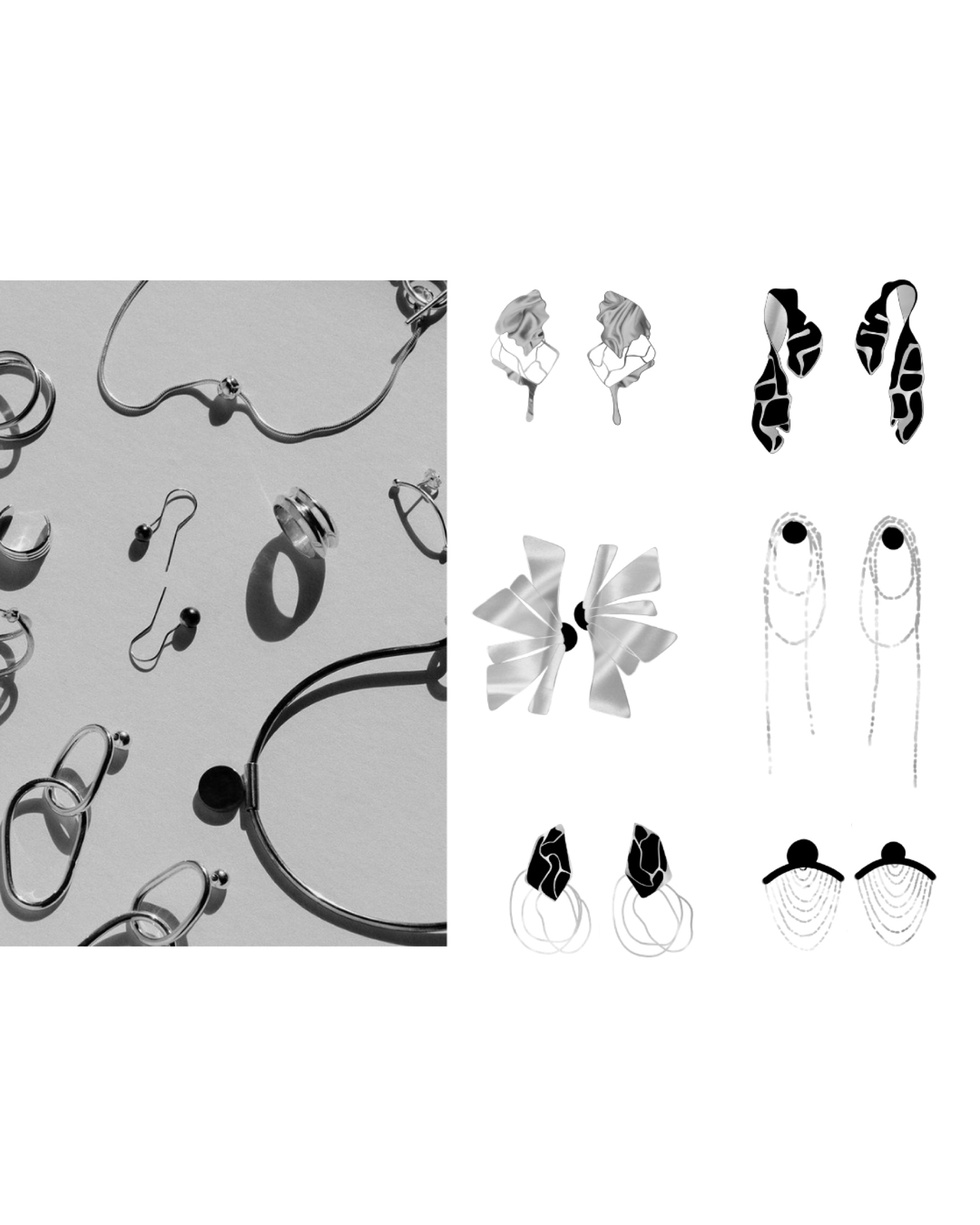 Recherches de bijoux — croquis et flatlay