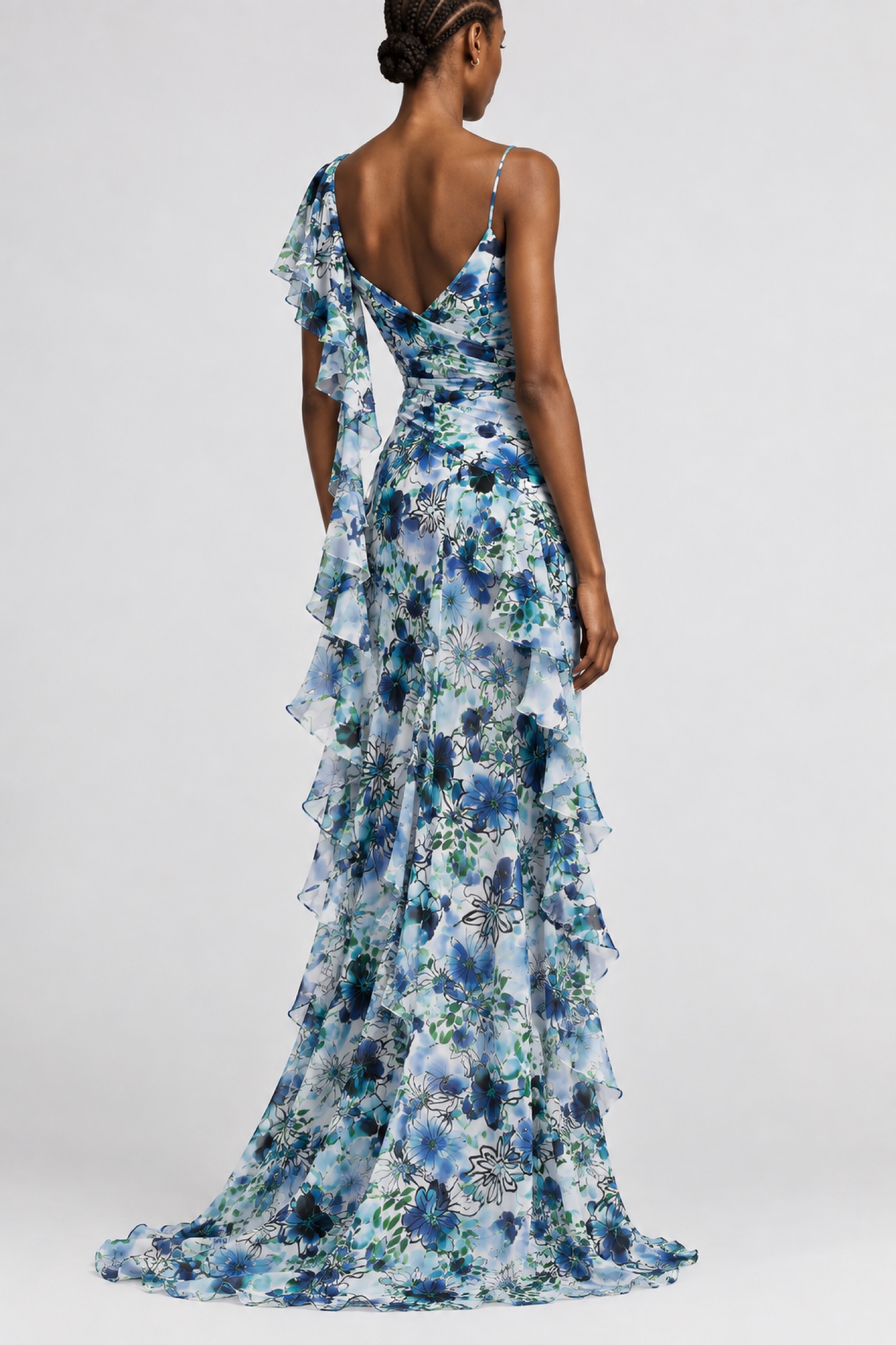 Simulation — robe drapée à volants, motif floral coloris bleu