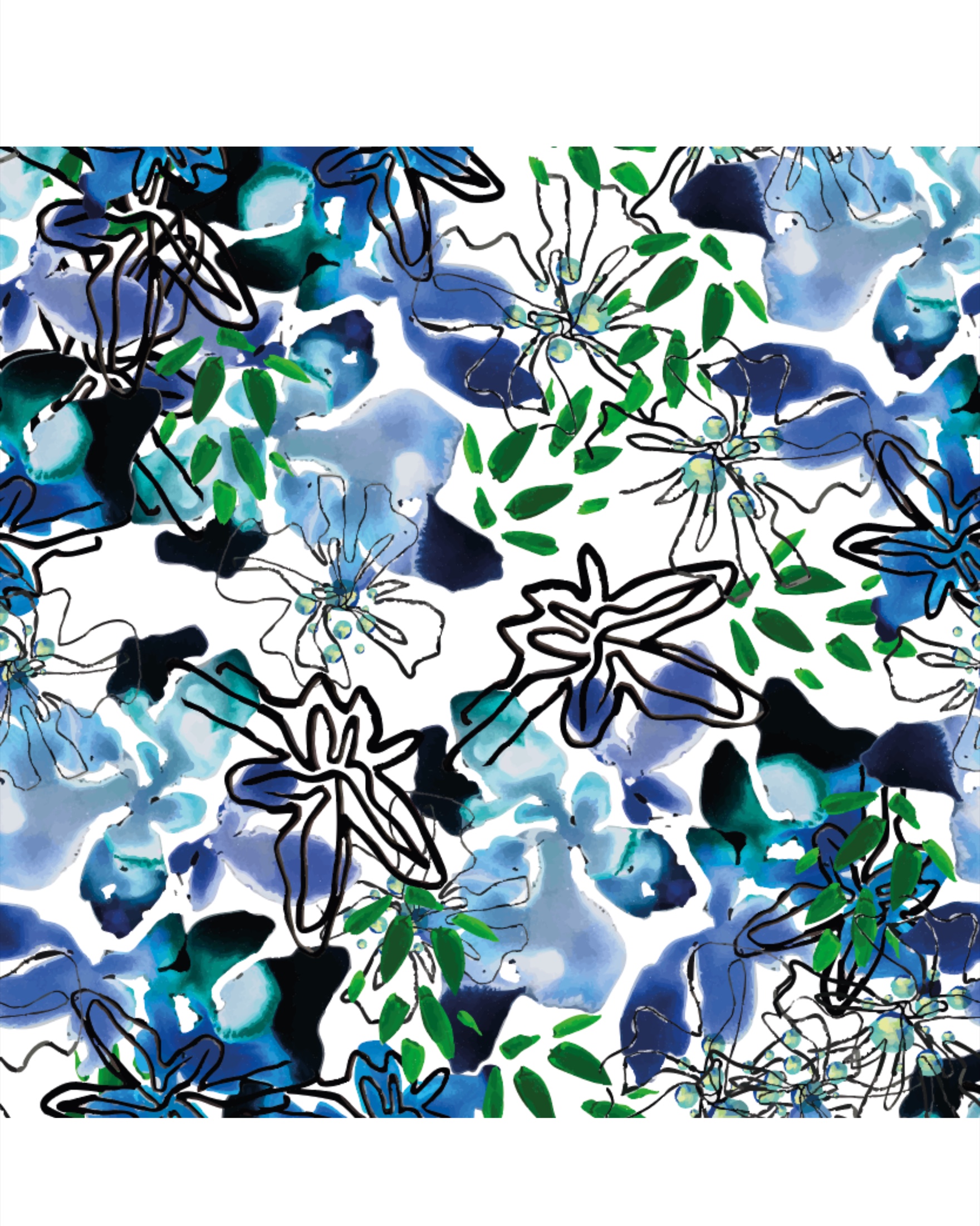 Motif floral aquarelle — coloris bleu et vert